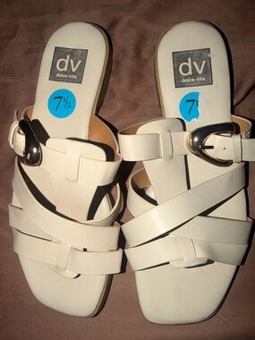 Dolce Vita White Strappy Slide Sandals with Gold Buckle